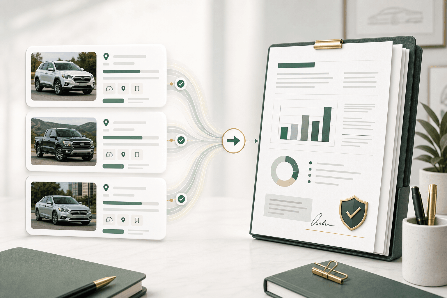 Comparable vehicle evidence cards flowing into a finished appraisal report packet.