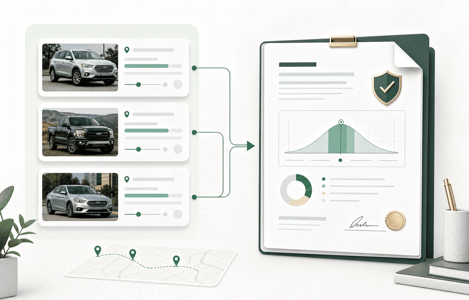 Six-stage appraisal workflow infographic from valuation document intake to reviewed report output.